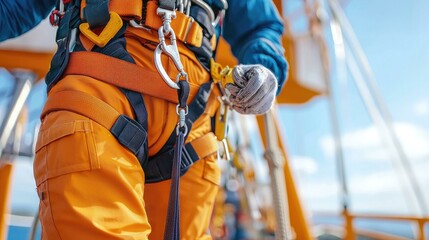 Close-up of a parasailing harness being fastened, showcasing essential safety gear and capturing the thrilling excitement of the participant ready for an exhilarating adventure.