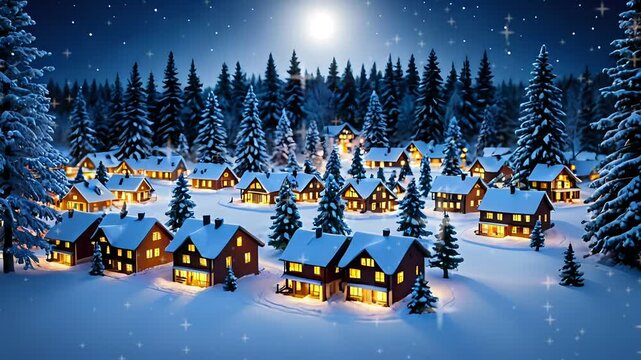 A magical winter village with snow-covered houses and a bright moon shining in the night sky. Seamless looping 4k time-lapse virtual video background