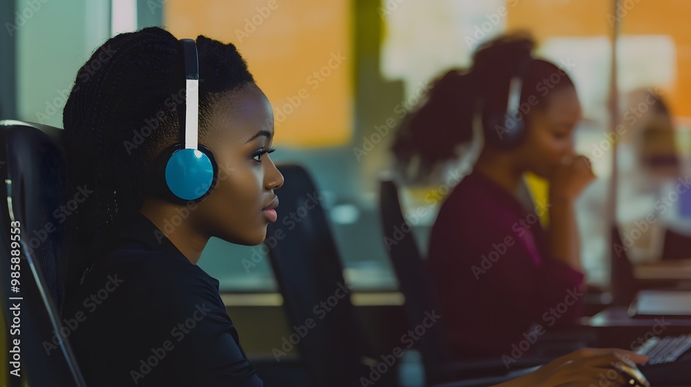 Sticker A young woman wearing headphones focuses on her work at her desk.