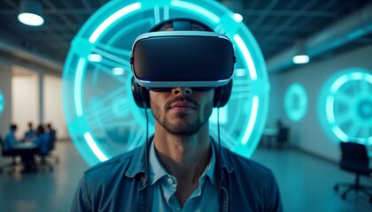 Young Caucasian Man Immersed in Virtual Reality in Futuristic Neon Setting