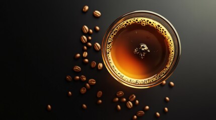 a cup of coffee with beans scattered