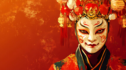 Chinese new year. man at festival wearing traditional chinese masked costume. Traditional Costume. Illustration