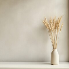 A minimalist decor featuring a beige vase with dried wheat, set against a plain wall, emphasizing simplicity and natural beauty.