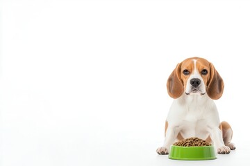Adorable Beagle dog sitting with bowl of dry food near green wall at home 