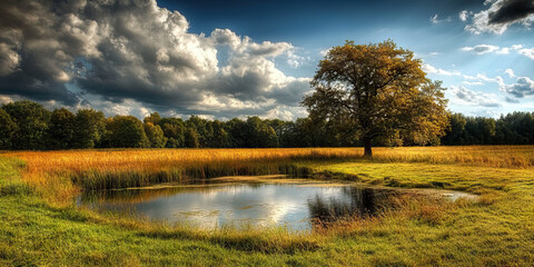 Fototapeta premium An open field, with only a single tree and a small pond to capture the eye.