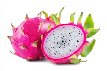 buitfull pink dragon fruit with green isolated on a white background