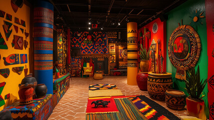 Colorful African-Inspired Cultural Room with Handcrafted Art and Decor