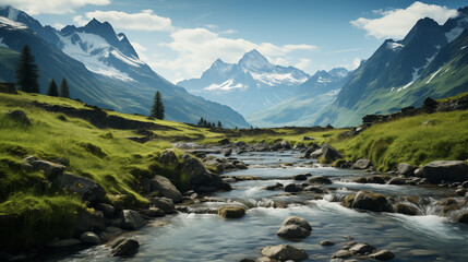 Stunning Mountain Wallpaper with River, Trees, Clouds & Sun - Breathtaking Natural Scenery for Desktop & Mobile