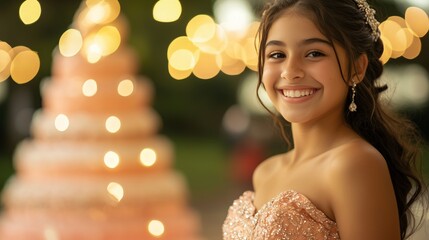 Happy 15 year old girl in dress celebrating Quinceanera