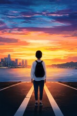Fototapeta premium A person standing at a crossroads, with one path leading to a cityscape and the other to a tranquil beach, representing the choice between work and life balance.