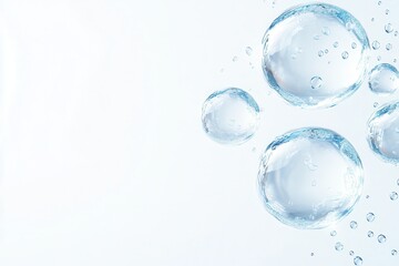 Close-up of three blue water molecule cells floating in the air, abstract background