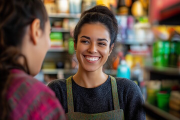 A woman with dark hair and an apron smiles warmly while talking with a customer inside a small shop, concept of personalized customer service and local business. Small Business Saturday