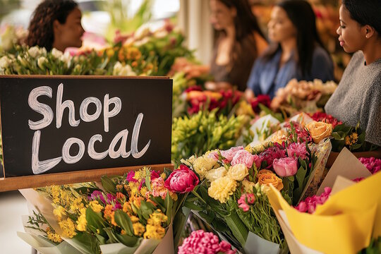 A colorful flower shop with a "Shop Local" sign in the foreground, surrounded by bouquets of fresh flowers and customers browsing, concept of supporting small businesses and local commerce