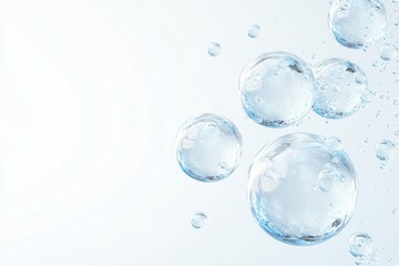 Close-up of three blue water molecule cells floating in the air, abstract background