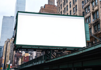 A mockup of a large blank billboard in the middle of a street in New York City. Created with Ai