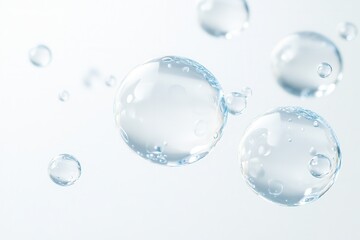 Close-up of three blue water molecule cells floating in the air, abstract background