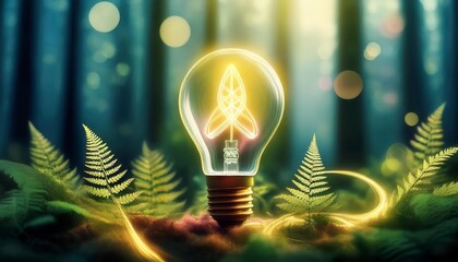 glowing bulb in the forest. Eco concept. Generative Image