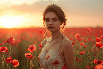 Naklejka premium Portrait of young beautiful woman in red poppy flowers field