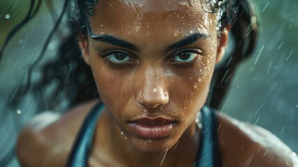 determination and focus of a young woman as she runs, highlighting her form and the intensity of her workout. concept of health care.