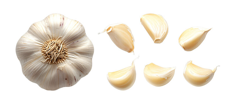 Garlic bulb and cloves isolated on a transparent background
