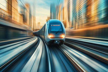 A sleek, modern train races through a city at high speed, showcasing the efficiency and dynamism of urban transportation. Blurred buildings and motion lines create a sense of speed and energy.
