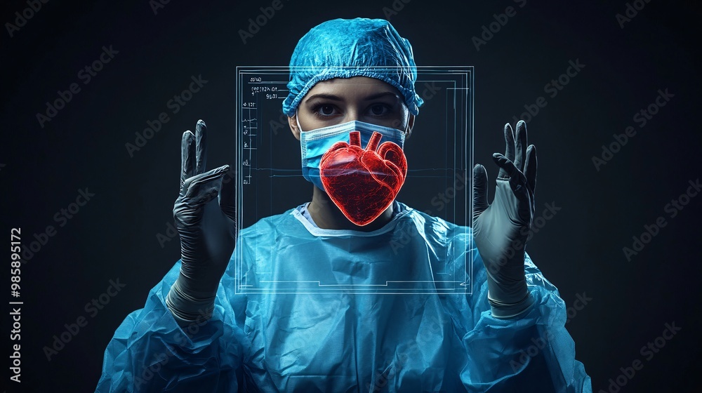 Poster A cardiologist analyzing a 3D hologram of a heart floating in mid-air to plan a precise surgery Large space for text in center Stock Photo with copy space