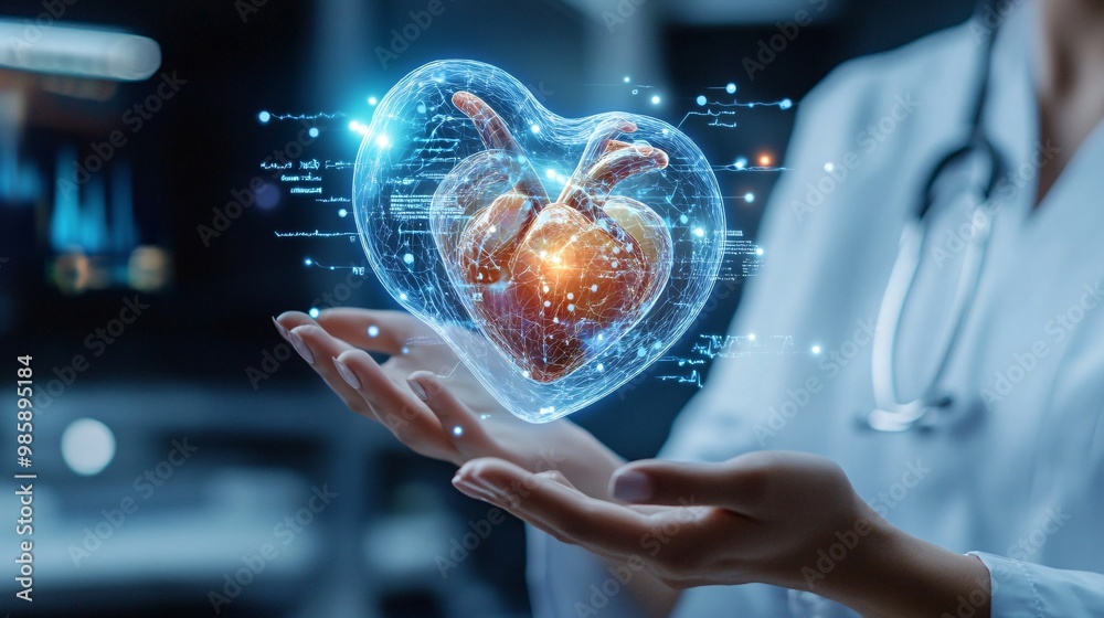 Poster A cardiologist analyzing a 3D hologram of a heart floating in mid-air to plan a precise surgery Large space for text in center Stock Photo with copy space