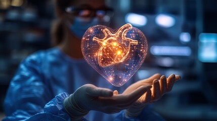 A cardiologist analyzing a 3D hologram of a heart floating in mid-air to plan a precise surgery Large space for text in center Stock Photo with copy space