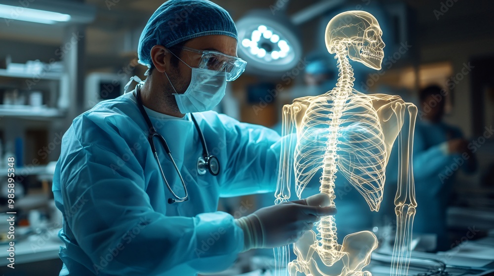 Poster an orthopedic surgeon preparing for surgery by examining a 3d hologram of a skeletal structure in a 