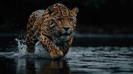 Naklejka premium Jaguar Running Across Water
