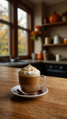 Obraz premium Autumnal coffee scene with a pumpkin spice latte in a warm kitchen setting.