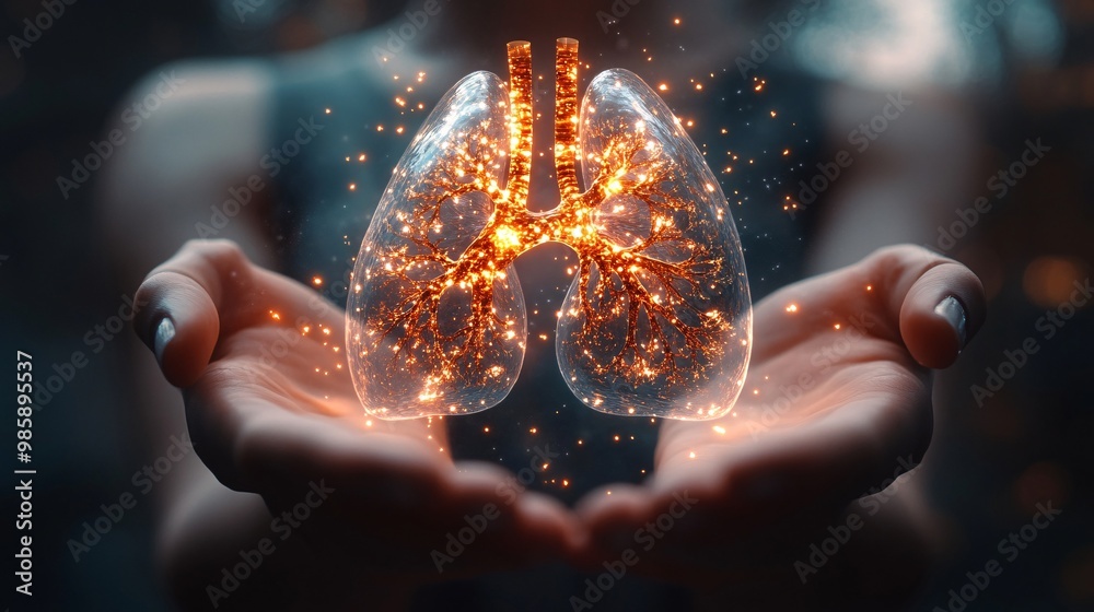 Aufkleber A pulmonologist reviewing a 3D hologram of a patients lungs to detect respiratory issues and provide a detailed diagnosis Large space for text in center Stock Photo with copy space