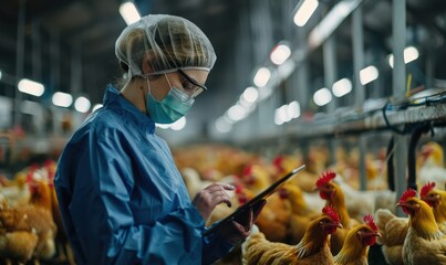 A woman in protective clothing uses a tablet while inspecting a poultry farm, highlighting modern farming practices. Free copy space for banner.