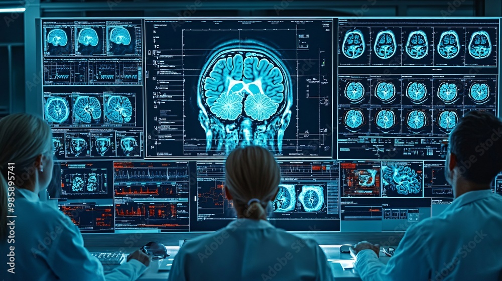 Poster a group of doctors gathered around a 3d hologram of a patients anatomy to plan a complex medical pro