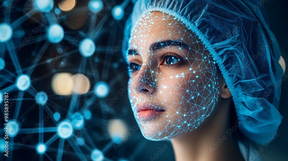 Poster A plastic surgeon using a 3D hologram of a patients face to visualize the outcome of cosmetic surgery before the procedure Large space for text in center Stock Photo with copy space