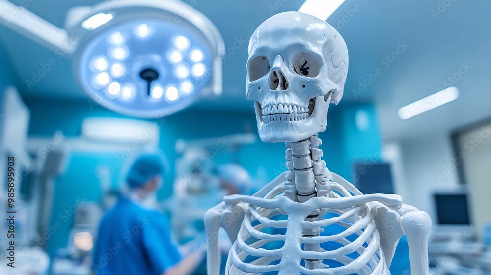 Poster a holographic display of a human skeleton projected in the center of a surgical room as orthopedic s