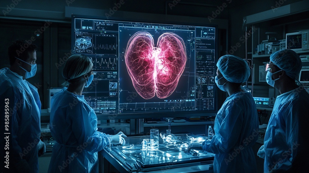 Poster A group of doctors gathered around a 3D hologram of a patients anatomy to plan a complex medical procedure with precision Large space for text in center Stock Photo with copy space