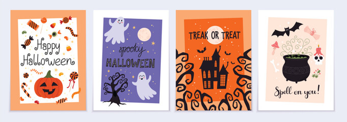 Halloween postcards set. Collection of various Halloween holiday greeting cards. Flat vector illustration