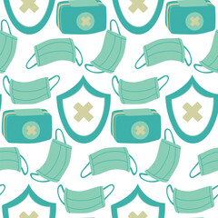 pattern of flat vector illustrations depicting a blue medical mask, shield with a cross, bag with first aid kit. Seamless items for treatment. Respiratory protection, first aid kit medicines, shield
