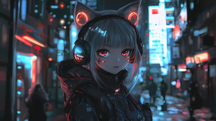 Fototapeta premium Cute anime style girl animal costume cyberpunk school uniform, with generative ai. Cyberpunk Fashion. Illustration