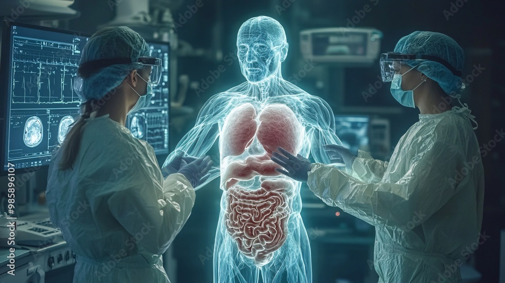 Poster Surgeons utilizing 3D hologram technology to interact with a virtual model of internal organs for a more accurate surgical plan Large space for text in center Stock Photo with copy space