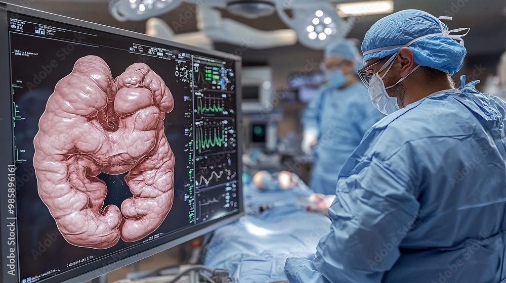 Poster Surgeons utilizing 3D hologram technology to interact with a virtual model of internal organs for a more accurate surgical plan Large space for text in center Stock Photo with copy space