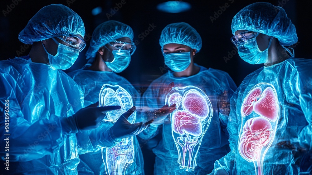 Aufkleber Surgeons utilizing 3D hologram technology to interact with a virtual model of internal organs for a more accurate surgical plan Large space for text in center Stock Photo with copy space