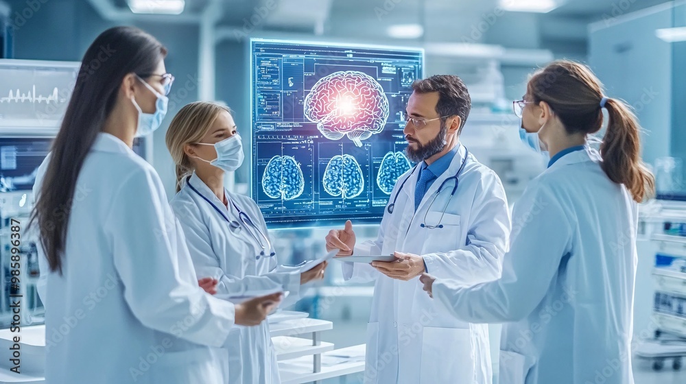 Aufkleber A medical team standing before a 3D hologram of a brain to discuss treatment options for a neurological disorder Large space for text in center Stock Photo with copy space