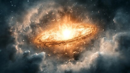 Andromeda galaxy against infinite vacuum, powerful supernova explosion, astrophysical visualization