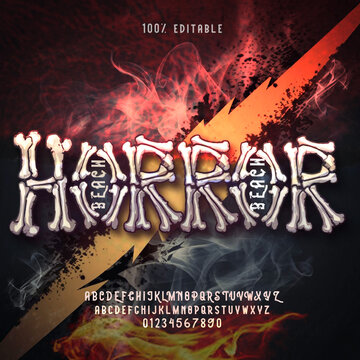Creepy horror movie alphabet font with dark, foggy, and smoky design. Perfect for Halloween logos, games, and scary graphics. Includes uppercase letters, numbers, and smoke effect. vector illustration