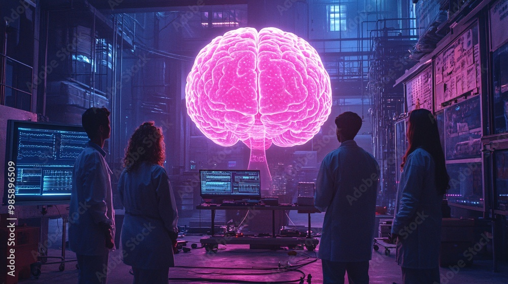 Poster A medical team standing before a 3D hologram of a brain to discuss treatment options for a neurological disorder Large space for text in center Stock Photo with copy space