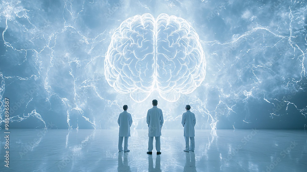 Poster A medical team standing before a 3D hologram of a brain to discuss treatment options for a neurological disorder Large space for text in center Stock Photo with copy space