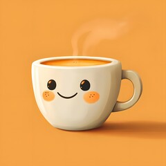 cute coffee cup with a smiling face in warm yellow tones	