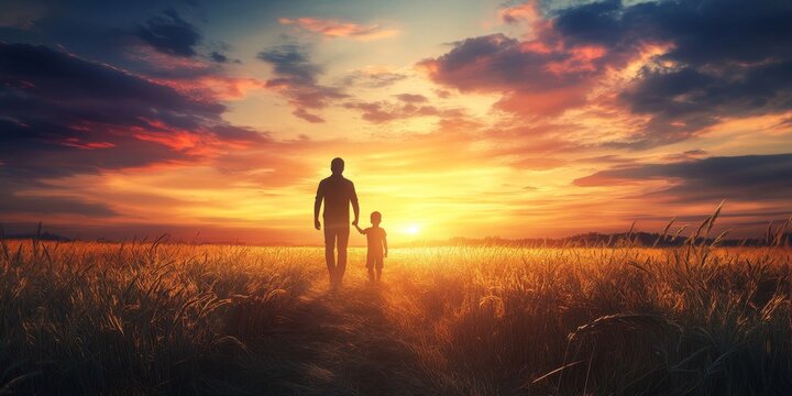 A moving silhouette of a father and son against a sunset backdrop, capturing the essence of family and connection.